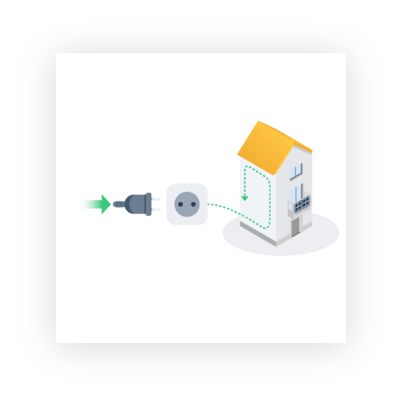 Helle Illustration zeigt einen Stecker, der in eine Steckdose eingeführt wird. Rechts sieht man ein Einfamilienhaus, welches mit Strom versorgt wird.