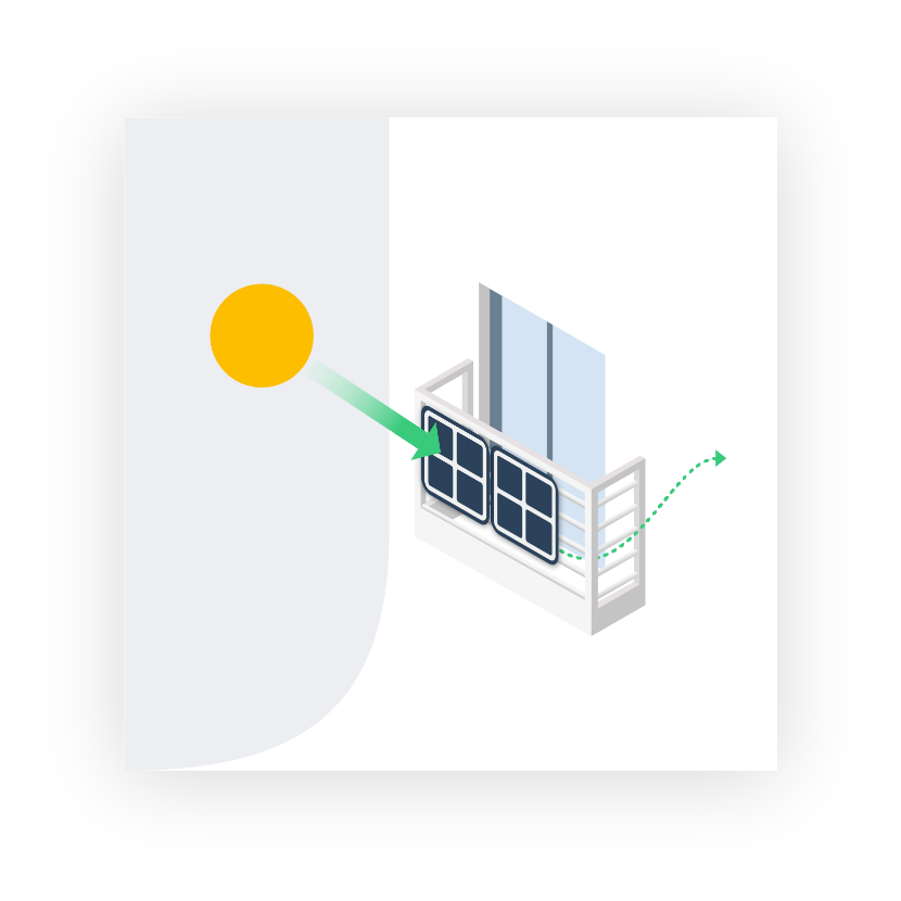 Helle Illustration zeigt einen Balkon mit einer Solaranlage, welcher von der Sonne angestrahlt wird.