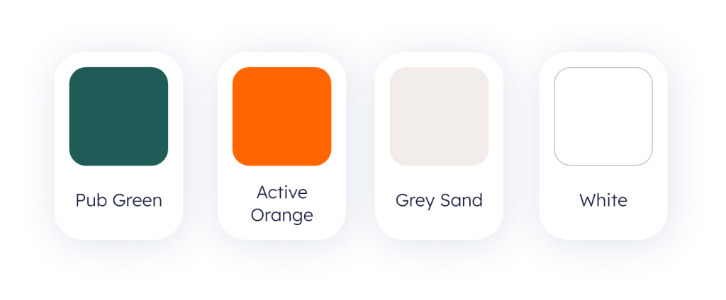 Eine Farbplatte bestehend aus vier horizontal angeordneten runden Boxen mit den Farben Pub Green, Active Orange, Grey Sand und White.