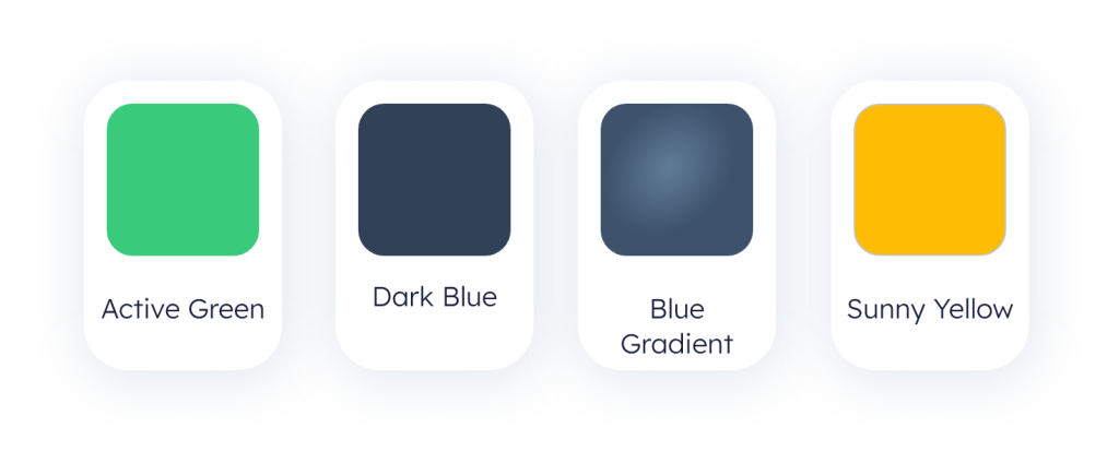 Eine Farbplatte bestehend aus vier horizontal angeordneten runden Boxen mit den Farben Active Green, Dark Blue, Blue Gradient und Sunny Yellow.