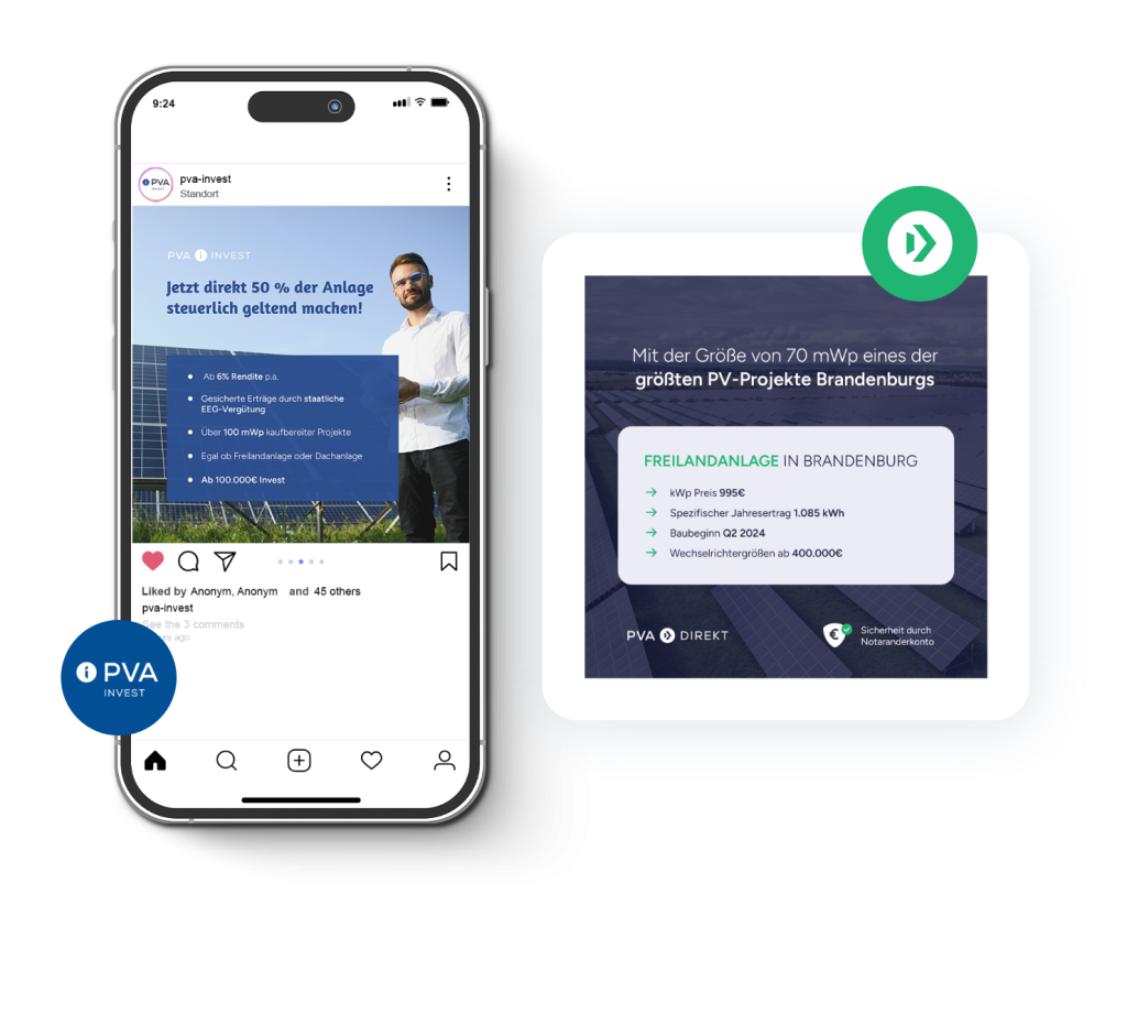 Links ein Smartphone und rechts ein grafischer Kasten. In beiden Objekten ist jeweils eine Bilderkampagne dargestellt von der Firma PVA-Invest und PVA-Direkt.