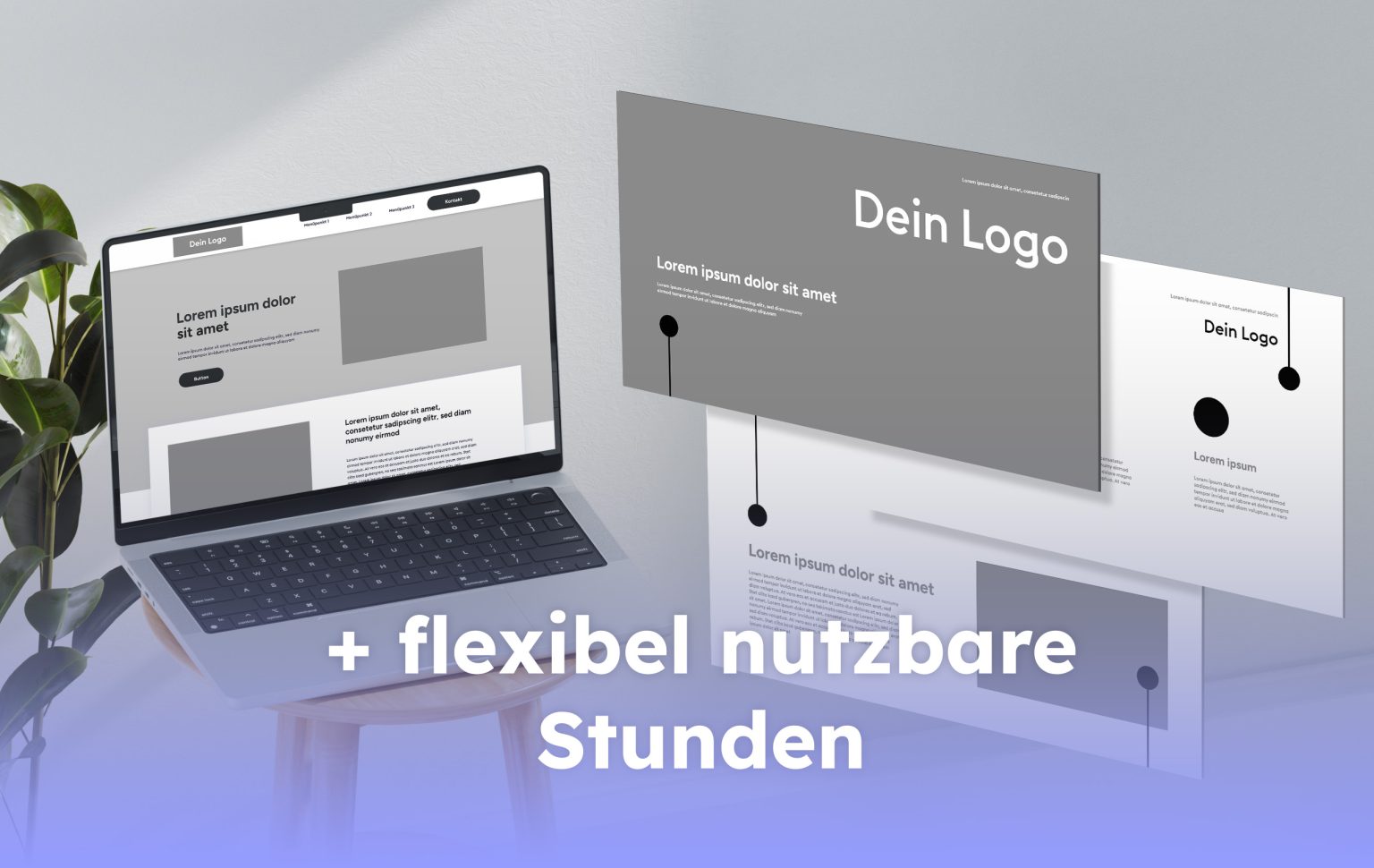 Links ein Laptop mit einem Screen Mockup und rechts drei schwebende Präsentationsfolien ebenfalls mit einem Mockup. Unten ist ein fliederfarbener Verlauf und davor steht + flexibel nutzbare Stunden.