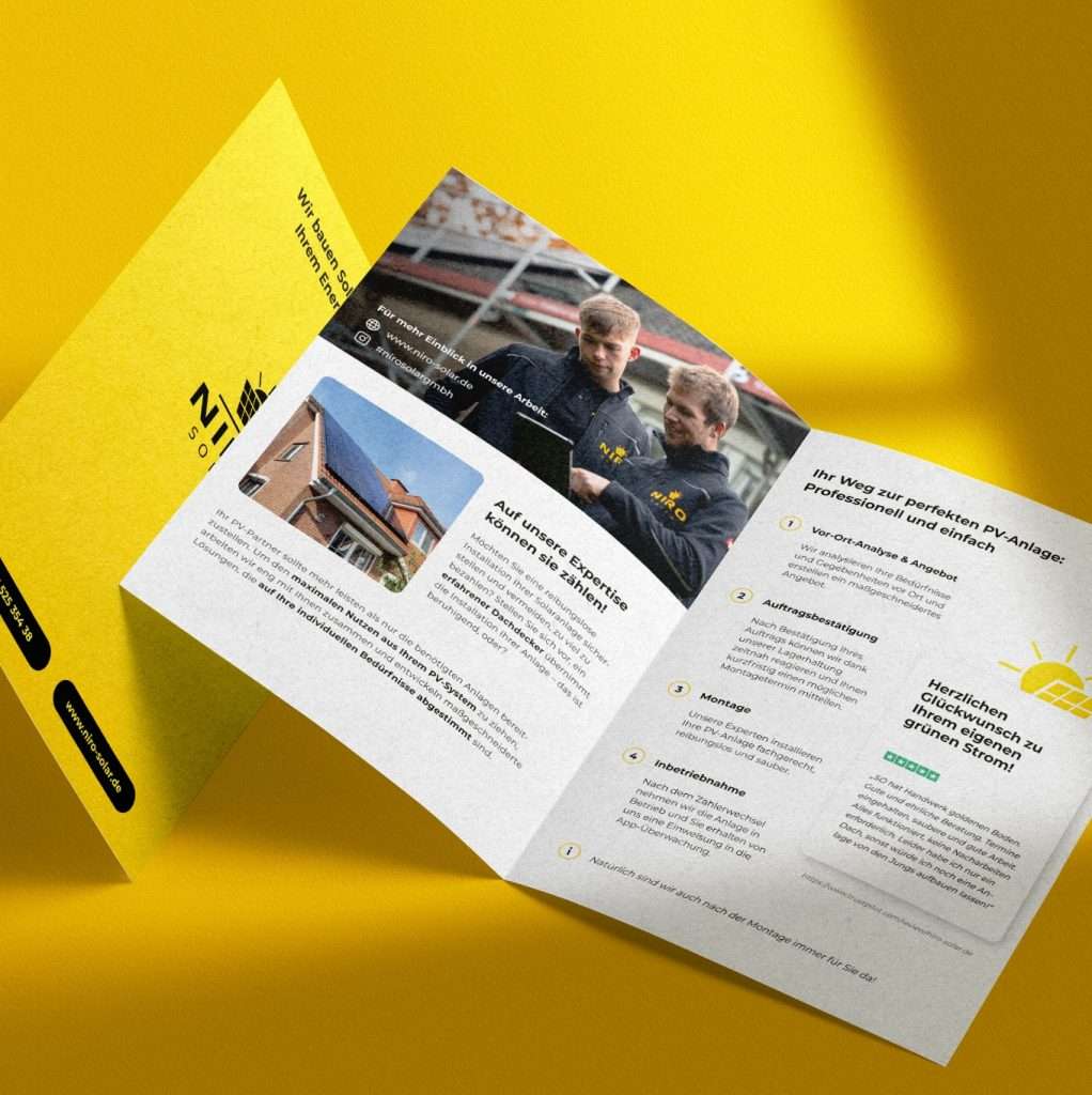 Flyerdesign der Firma Niro Solar auf gelben Hintergrund