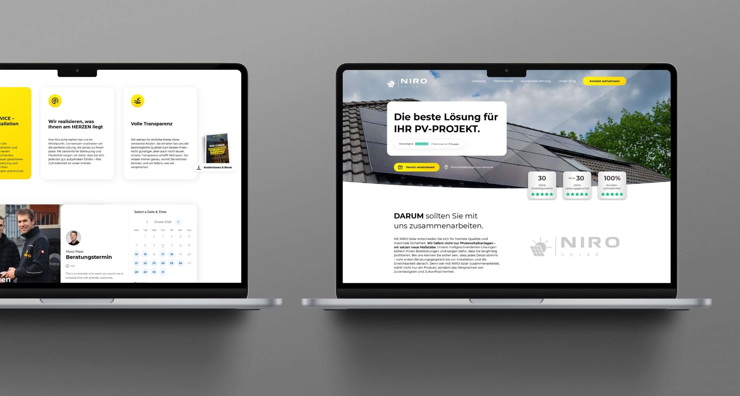 Zwei Laptops auf grauem Hintergrund zeigen das Webdesign von Niro Solar GmbH.